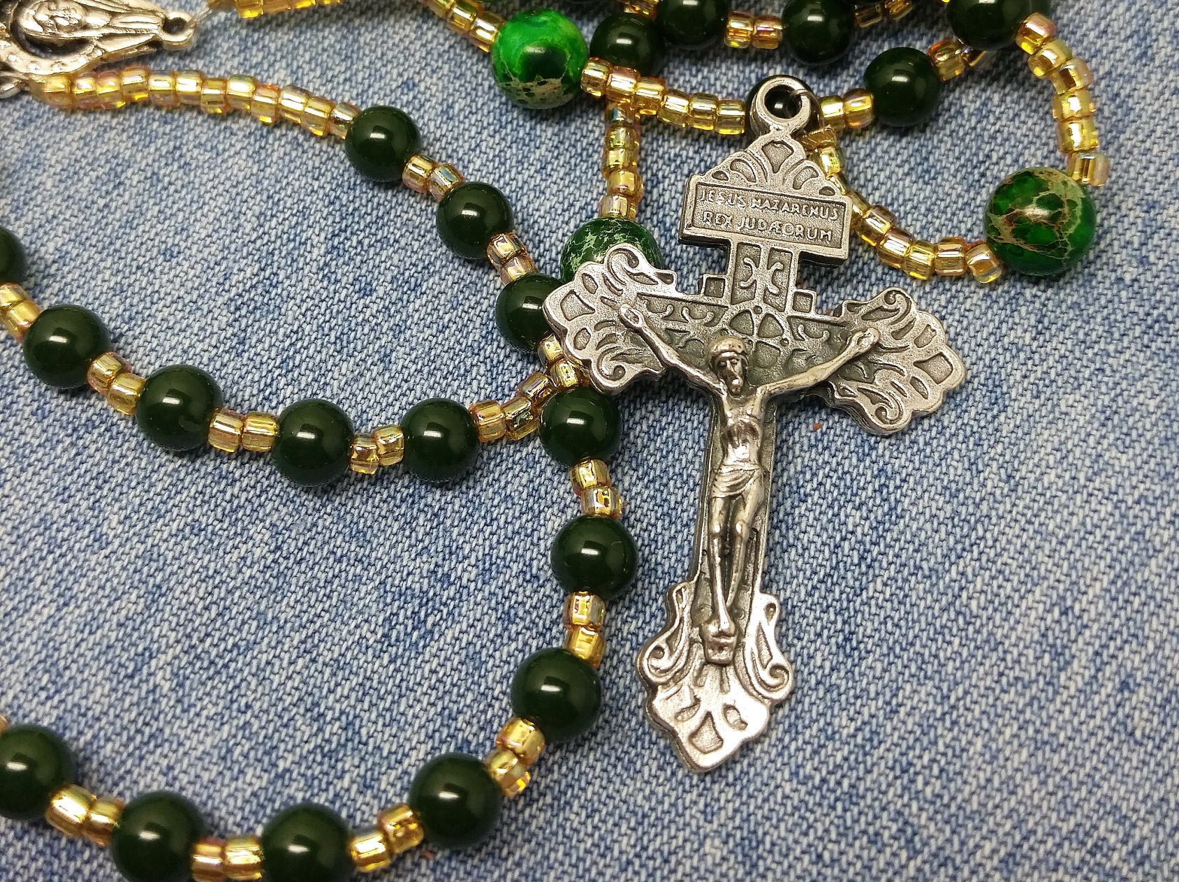 Rosary necklace green rosary necklace green gold and silver