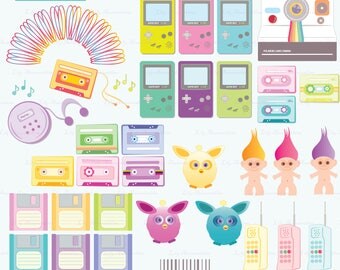 Cool Things in the 90's, Furbies Troll Doll Slinky Polaroid, Digital Clipart, Commercial Use, Scrapbook, Commercial use, Digital Stamps, PNG