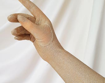 Vintage 1950s - 1960s Gold Lurex Elbow Length Gloves | Size 6 1/2 - 7 1/2 |