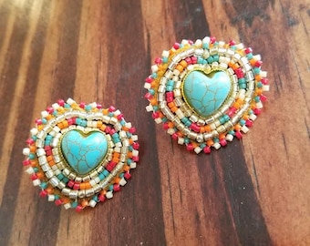Native American beaded turquoise heart post earrings