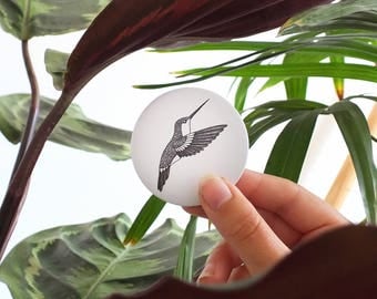 PIN // HUMMINGBIRD - illustration animal - tropical bird pin - nature lover present - round pins art - forest ink drawing - elegant button