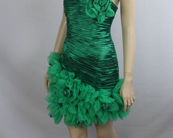 Vintage 80s drop waist  prom dress in black and green with floral shimmery skirt