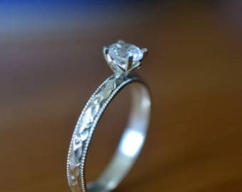 White Sapphire Engagement Ring, 5mm Clear Gemstone Solitaire Ring, Victorian Style Poesy Band, Personalized Engraved Sterling Silver Ring