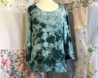 MEDIUM/LARGE, Top Hippie Cotton Flowerchild Boho Bohemian Tie Dye Green Tunic Blouse