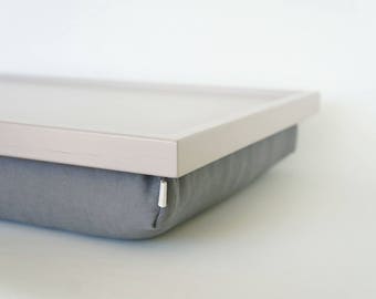 Romantic breakfasts in bed tray, Laptop Lap Desk with support pillow - Light grey tray top with Grey linen Fabric pillow