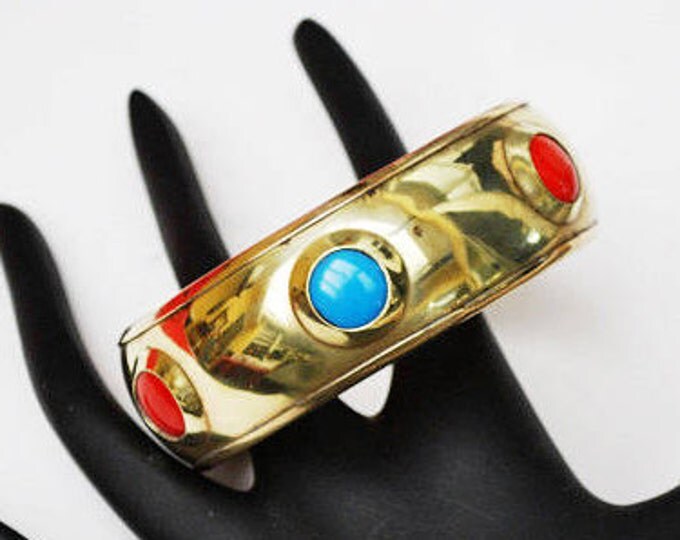 Brass Bangle with red Blue Glass Cabochon - polka dot - Boho Bracelet