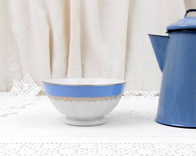 Antique Blue and White with Gold Gilt Frieze Farmhouse Ceramic Scalloped Sided Coffee Bowl from France, French Gilbert Café Bowl, Latte
