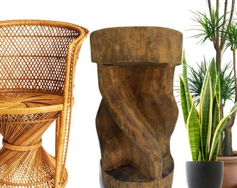 Vintage Wood Log Stool Carved Stump Table Helix Carved Pedestal African Tribal Bohemian Modern Rustic Lodge Table End Table Plant Stand