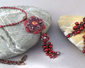 Jewelry Set//Pendant Necklace//Dangle Earrings//Flower Pendant//Red//Plum//Copper//Free Shipping
