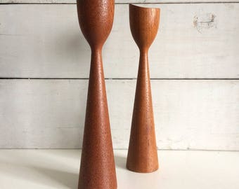 Mid Century Gotland Teak Pair of Tulip Candlesticks Made in Sweden