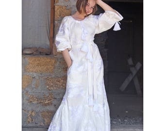 White Embroidered Wedding Dress Ukrainian Vyshyvanka Embroidered Long caftan Boho Dress Oversize Abaya Plus size dress Long kaftan