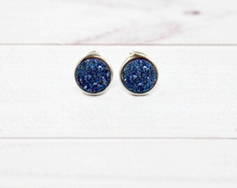 Druzy Suds, Druzy Stud Earrings, Druzy Earrings, Dainty Earrings, Sapphire Earrings, Small Earrings, Bridesmaid Gift, Royal Blue, Wedding