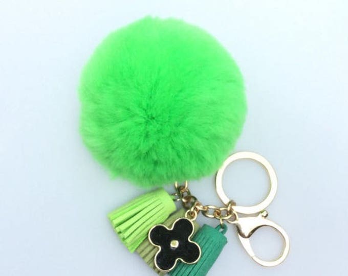 Neon Green Rex Rabbit Fur Pompon bag charm pendant Fur Pom Pom keychain with flower charm and tassels