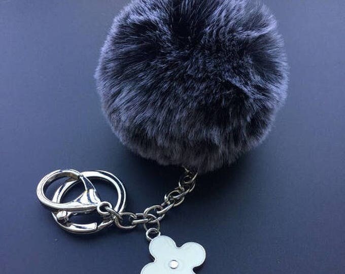 Faux Duo Black Frost Fur Pom Pom bag Keyring keychain pom pom fake fur ball