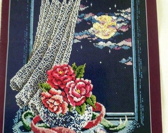 DMC Moonlight & Roses Counted Cross Stitch Chart – Floral Rose Vase – Heart Pendant – Romantic Cross Stitch Pattern - Moonlit Window Sill
