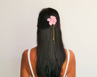 Bronze chains - powder pink hair flower wedding hair comb Bohemian and romantic - bridal hair accessory