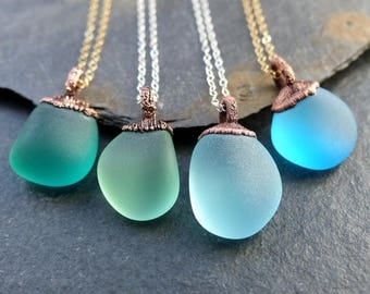 Sea glass necklace, sterling silver, 14k gold filled, blue, green, bohemian necklace, electroformed copper raw stone necklace, boho jewelry