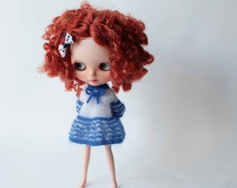 Blythe dress, Sea style dress for Blythe doll, White blue stripes outfit for doll, Mohair clothes for Blythe doll, Handknitted doll clothes