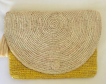 Raffia clutch bag, yellow clutch, hobo, market bag, straw bag, boho bag, crochet bag, vintage bag, market bag, crochet bag, rattan bag, gift