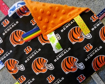 Cincinnati Bengals Baby Lovey/Blanket, Ribbon Baby Blanket, Sensory Lovey, Orange Minky, Baby Shower Gift, I Spy Blanket, Sensory Ribbons