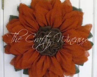 Extra Large 30" Burlap Sunflower Wreath in Burnt Sienna, Dark Orange Burlap Sunflower Wreath, Spring Summer Fall Wreath, Customizable Wreath