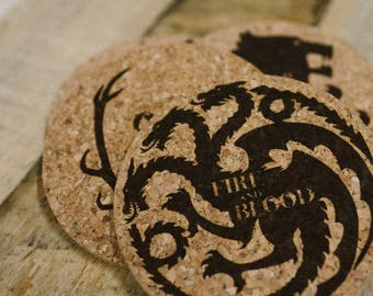 Game of Thrones Coasters Laser Etched Home Gift Decor House Sigil Cork Coasters Set of 4