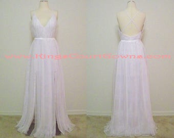 Replica Sexy Pleated Chiffon Deep V-Neck Gown With Criss-Cross Back Dual Front Slits Beach Wedding Dress Prom Pageant Evening Gown