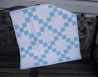 Newborn Baby Quilt, White Blue Traditional Nine Patch Quilt, Quilted Table Topper for Easter/Spring, Square Runner, Photo Prop, Shower Gift