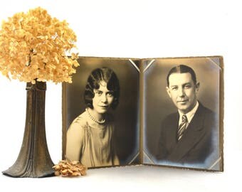 2 Antique Photographs 1930's Man & Crabby Stern Woman Creepy Eyes 15x10 Black White Oddities Scrapbooking Ephemera Horror Craft Altered Art