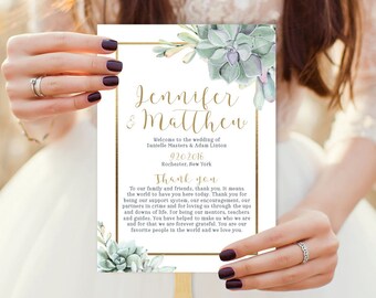 Succulent Wedding Program Fan / Greenery and Gold Geometric / Green Cactus and Gold Schedule ▷ Printable {or} Printed *** ASSEMBLY REQUIRED