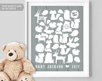 Woodland Baby Shower Guest Book Alternative / Animal Guest Book, Fox, Bear, Bunny / Gray Nursery ▷ Canvas, Board, Paper {or} Printable