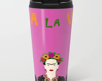 Frida Kahlo metal travel mug-Fuchsia mug-Pink travel cup-Personalized-Customizable-Mexican-Cool-Etsy gift-Coffee lover gift-Colourful mug