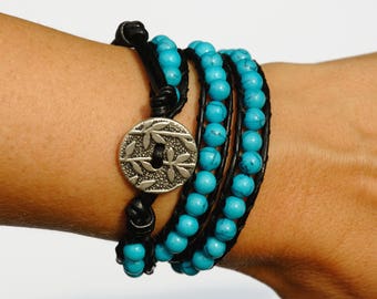 Leather bracelet Birthday gift for women bracelet Leather Wrap Bracelet Beaded Bracelet Turquoise Beads Bracelet Leather Cord Bracelet gift