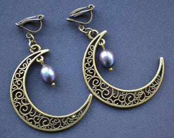 Crescent moon earrings, Gothic earrings, filigree pendant earrings, dangle pearl earrings, clip on earrings, non pierced earrings
