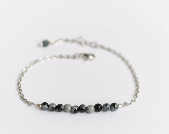 Snowflake obsidian bracelet for women, Black and white jewelry, Snowflake obsidian jewelry, Obsidian stone bracelet, Small bead bracelet