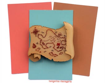 Pirate Treasure Map Vintage Inspired Novelty Brooch - Antique Adventure Explorer Map Pinup Brooch - Retro Treasure Chest Pin