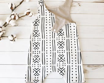 Organic Baby Harem Romper - Mudcloth; Summer Romper, Baby Boy, Unisex, Boho Romper, Organic Baby Clothes, Going Home outfit, Monochrome