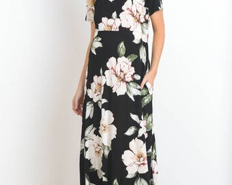 Hello Miz Floral Short Sleeve Side Pockets Maternity Maxi Dress