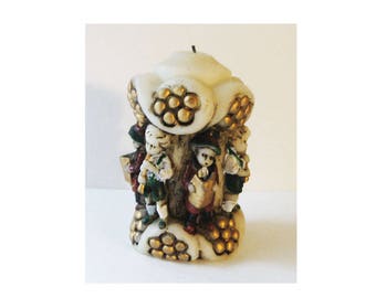 Vintage Novelty German Candle, Stein Inspired Deep Relief Boys Playing Instruments Ornate with Gold, 4.5" Tall, See Description Below