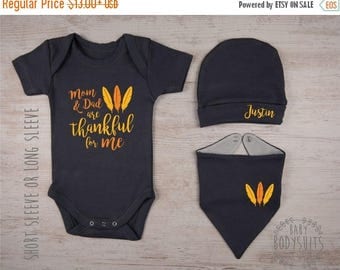 LATE SHIP SALE Baby Boy Thanksgiving Outfit, Mom and Dad are Thankful for me Graphite Gray Outfit, Baby Boy Bodysuit / Personalized Hat / Ba