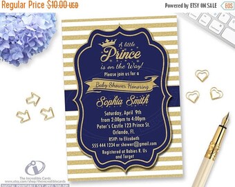 50% OFF SALE Prince Baby Shower Invitation. Royal Blue and Gold. Crown Baby Boy. Our Little Prince is on the way. Gold Glitter Stripes. Prin