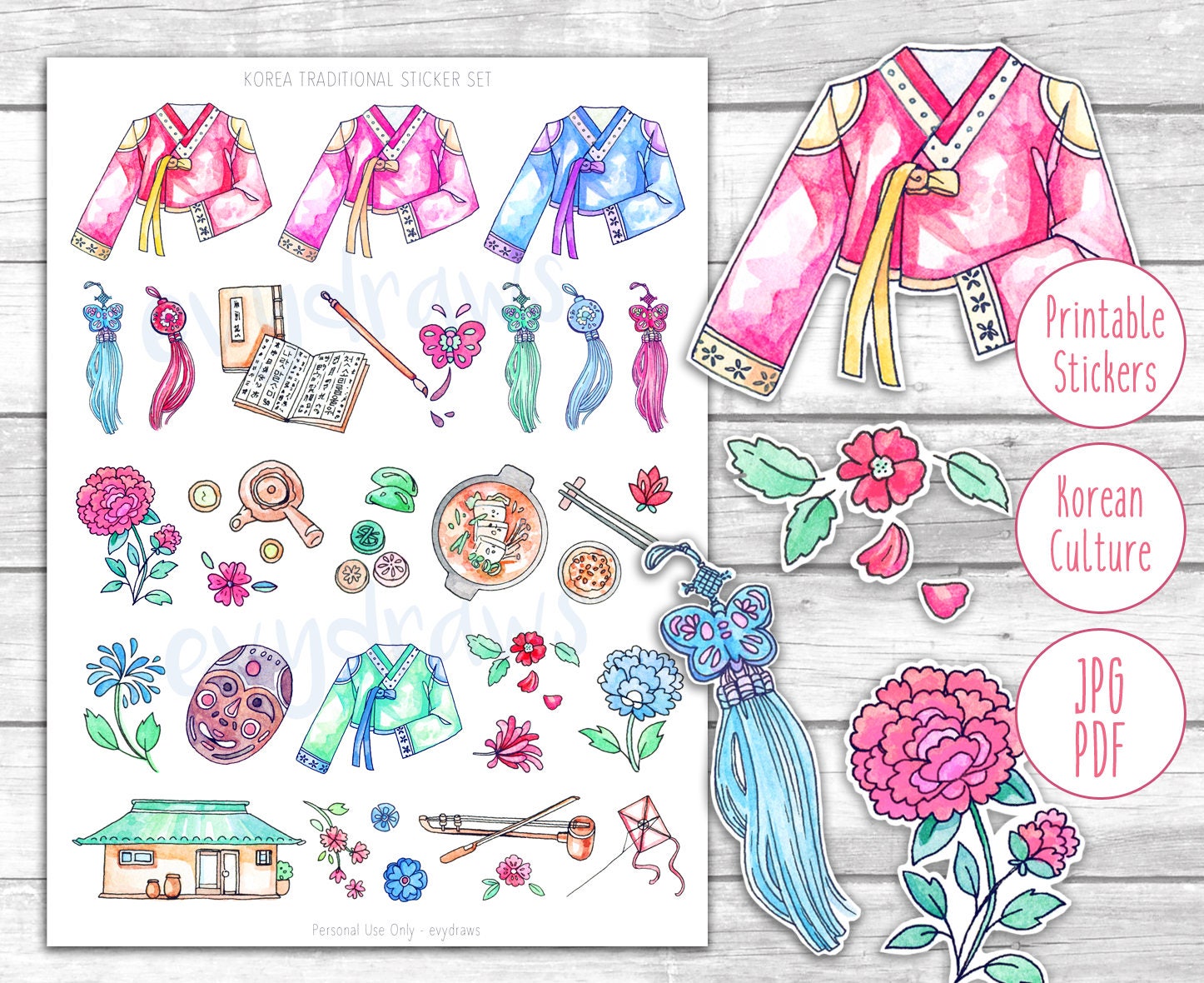 South Korea Planner Stickers Printable Hanbok Sticker Art
