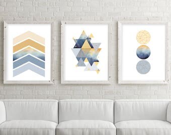 Trending Now Art, Downloadable, Set of 3 Prints, Print Set, 3 Print Set, Mustard, Blue, Navy, Triptych, Scandinavian Print, Poster, Wall Art