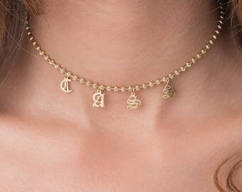 Gothic Name Choker, Old English Diamond Cut Bead Choker Gothic Name Jewelry, , My Name Necklace, Gothic Name Plate Jewelry