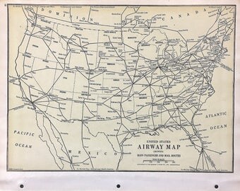 Vintage Map of United States Airways, 1942 Original Atlas Page, Vintage Atlas Page, Antique Map, United States Map