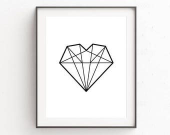 1st Anniversary Gift, Gift for Girlfriend, Wall Art Print, First Anniversary, Printable Decor Art, Black and White Art, Heart, Diamond