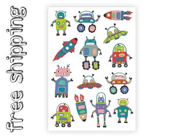 Temporary tattoos "Space adventure". Kids body stickers set with UFO, rocket, robot, spaceship and more. Party bag supply. TA050