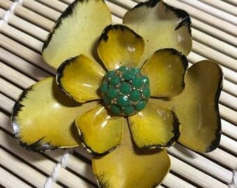Bold Large Hand Painted Enamel 60's Flower Brooch