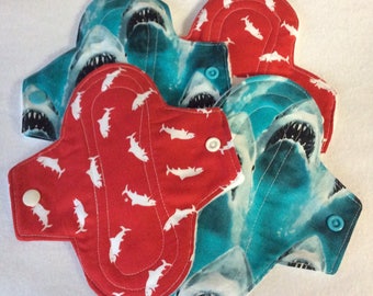 Reusable menstrual pads, pantyliners, Cloth Sanitary Protection - Shark Week, light, medium and heavy flow weights. Sanitary towels