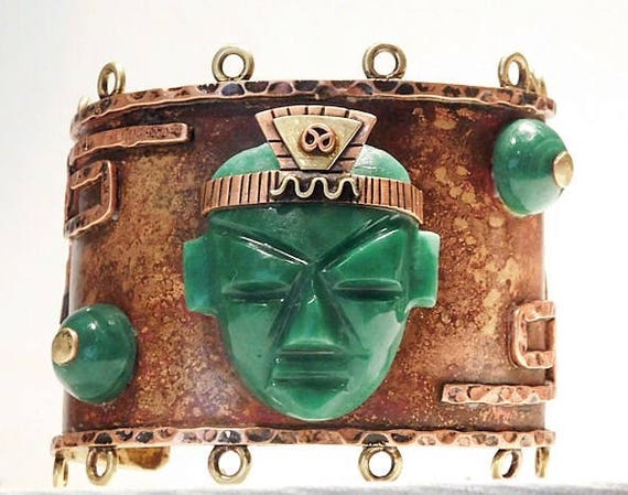 Mexican Cuff / Malachite Cuff / Mayan Aztec Warrior Face / Vintage 1960s Mexico Cuff / BOHO Chunky Big Bold Cuff / Copper Brass Jewelry